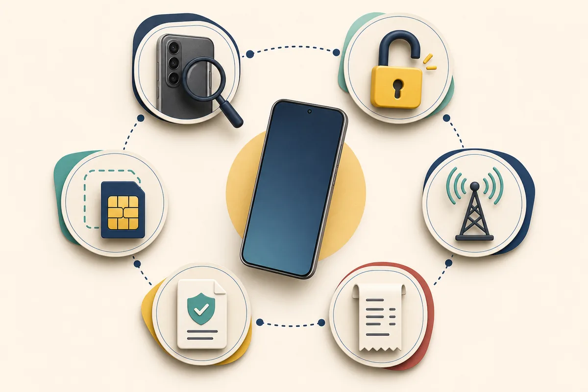 Checklist visual com modelo, desbloqueio, eSIM, rede, garantia e recibo do smartphone
