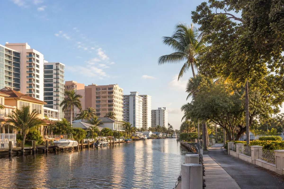 Canal residencial com prédios e palmeiras em Boca Raton, Flórida