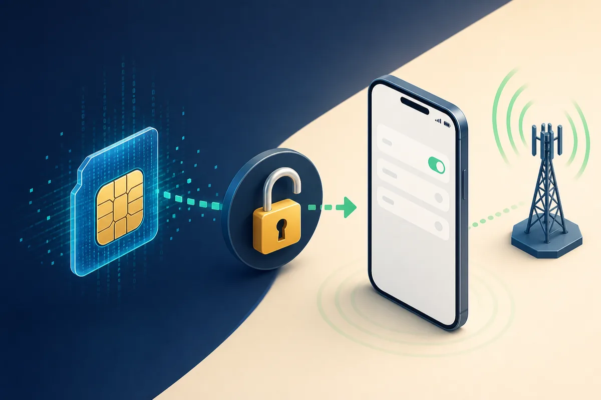 Ilustração de eSIM, aparelho desbloqueado e conexão com rede celular brasileira