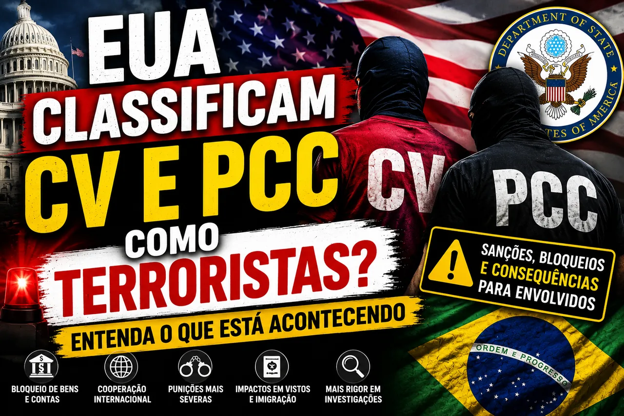 Thumbnail jornalística sobre EUA, CV e PCC em matéria sobre classificação terrorista e impactos para brasileiros