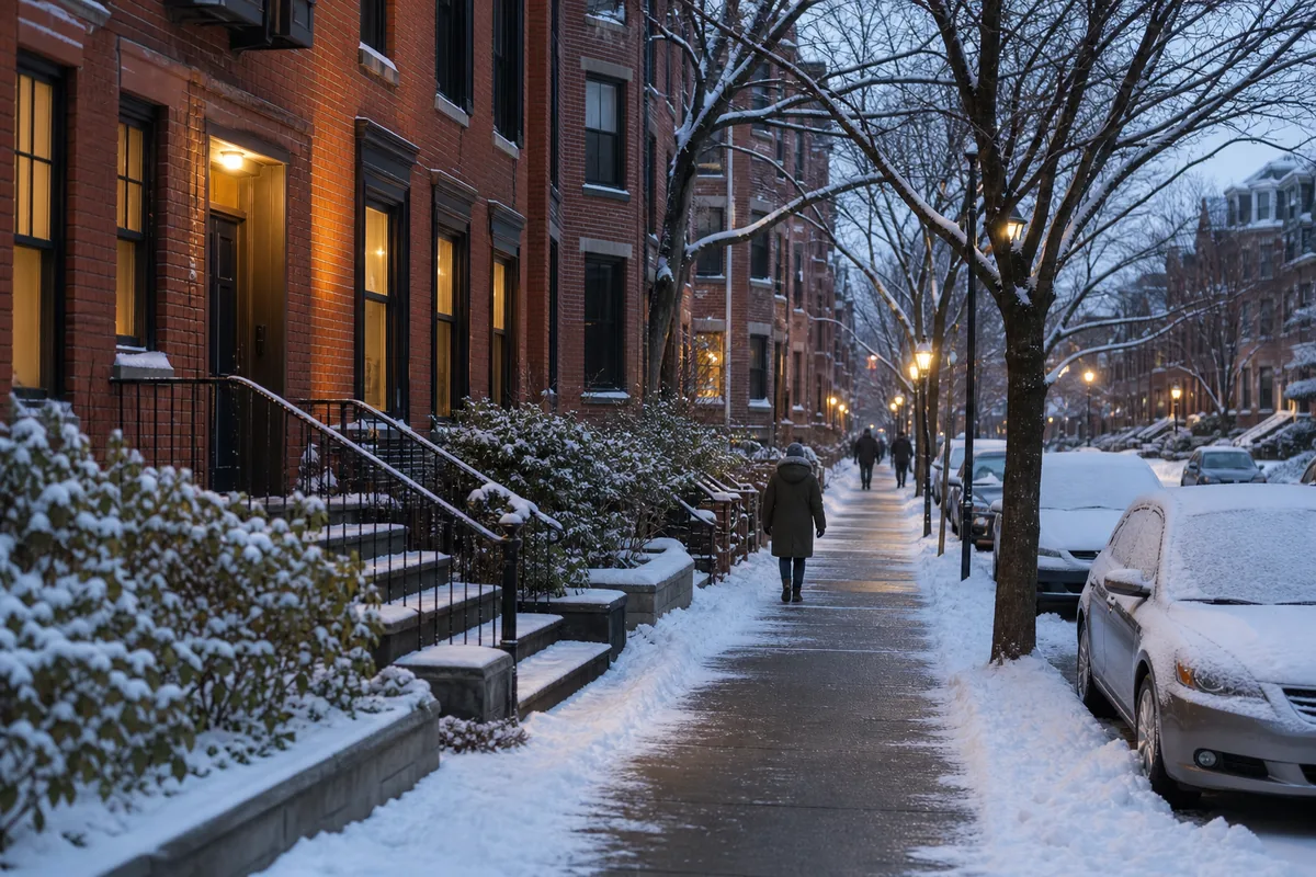 Rua residencial de Boston com neve leve e calçada limpa