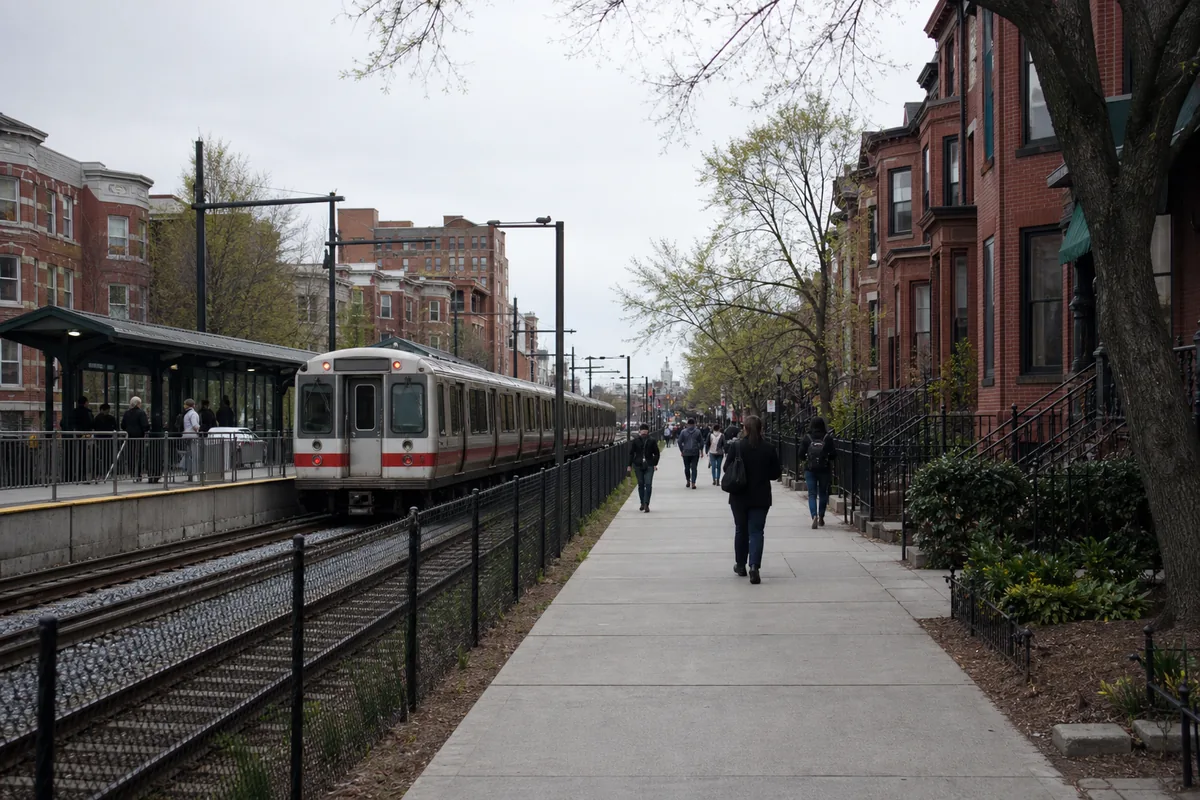 Trem urbano e pedestres em uma área residencial de Boston