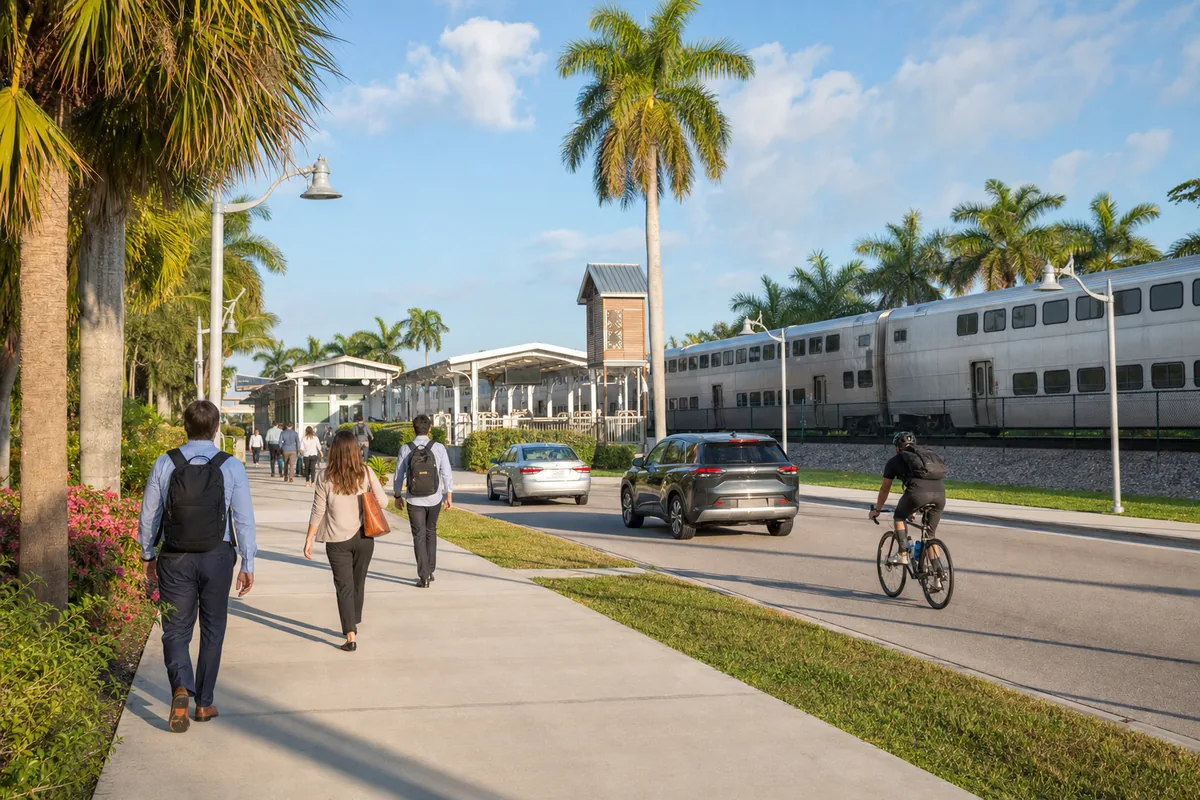 Passageiros, carros, bicicleta e trem em uma cena de deslocamento em Boca Raton